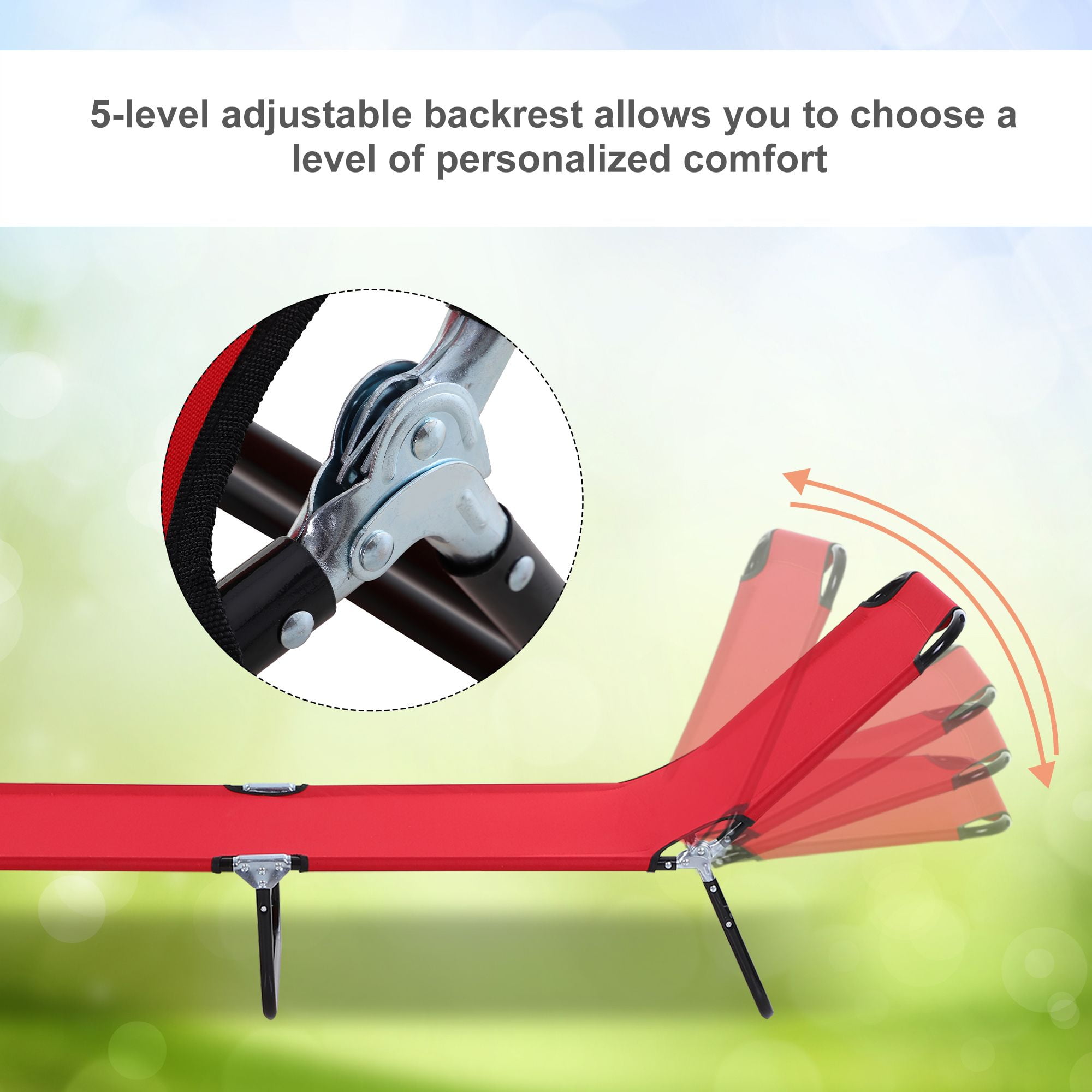 Foldable Chaise Lounge, 5-Level Backrest, Adjustable footrest, Pillow, Lightweight Frame, for Pool, Patio, Sun Bathing, Red