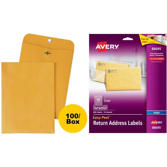 Quality Park Gummed Kraft Clasp Envelopes and Avery Return Address Inkjet Label, White, 600ct Bundle