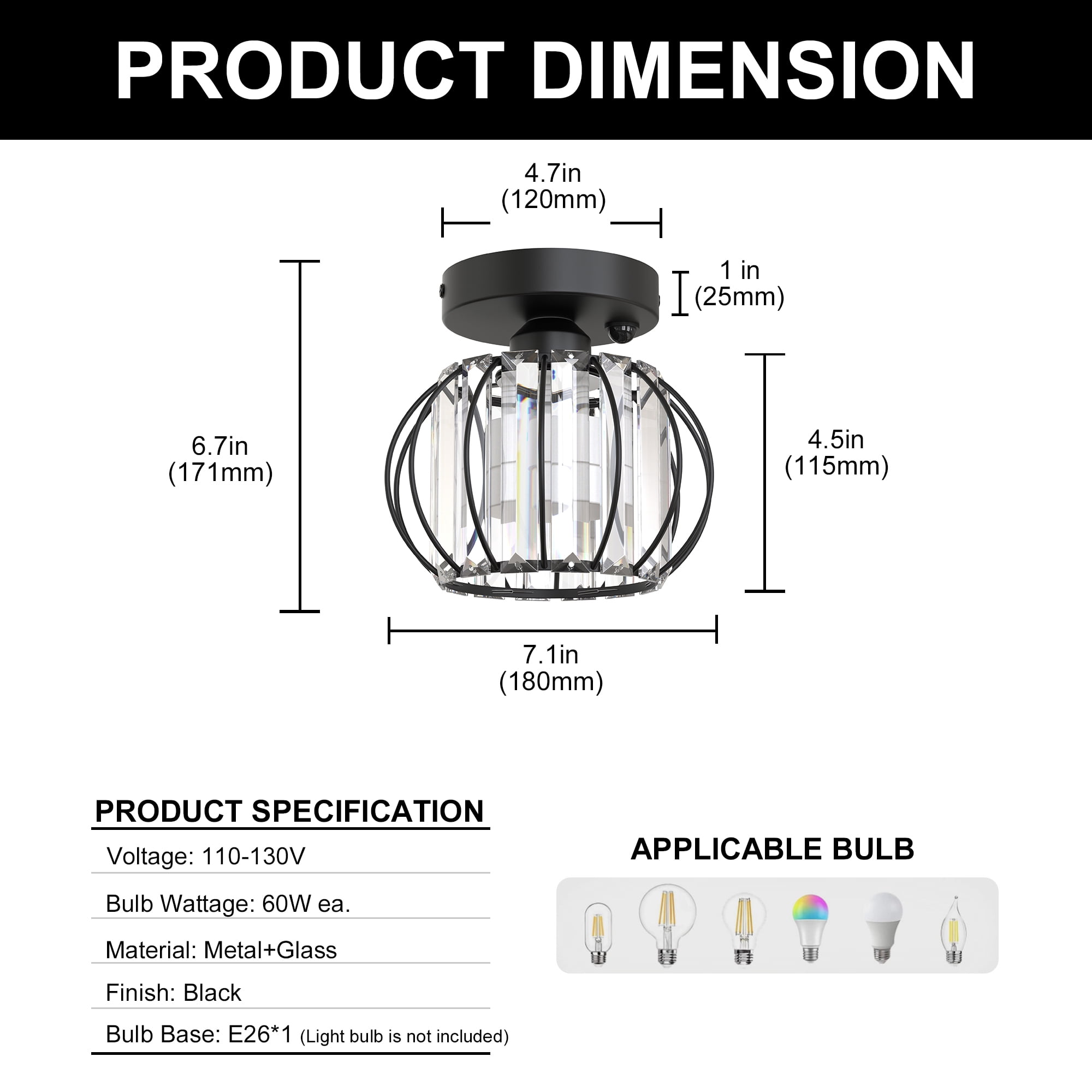 YANSUN 7 in 1 Light Smart Lighting, Black Semi Flush Mount Ceiling Light with Motion Sensor, Modern Light Fixture for Entryway, Closet, Kitchen, Bedroom, Hallway