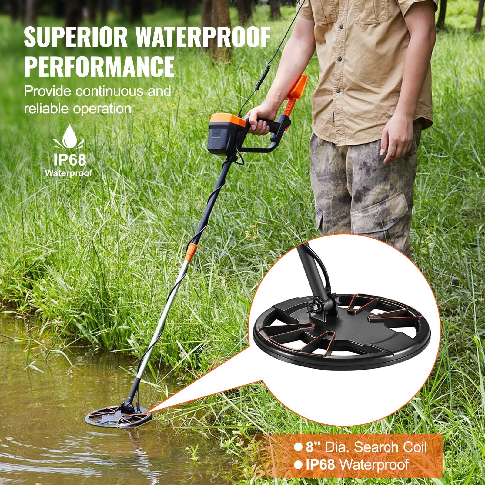 8-Inch Professional Metal Detector with LCD Display, 2 Detection Modes, IP68 Waterproof Coil, Adjustable 38-49" Handle, Headphone & Shovel Included