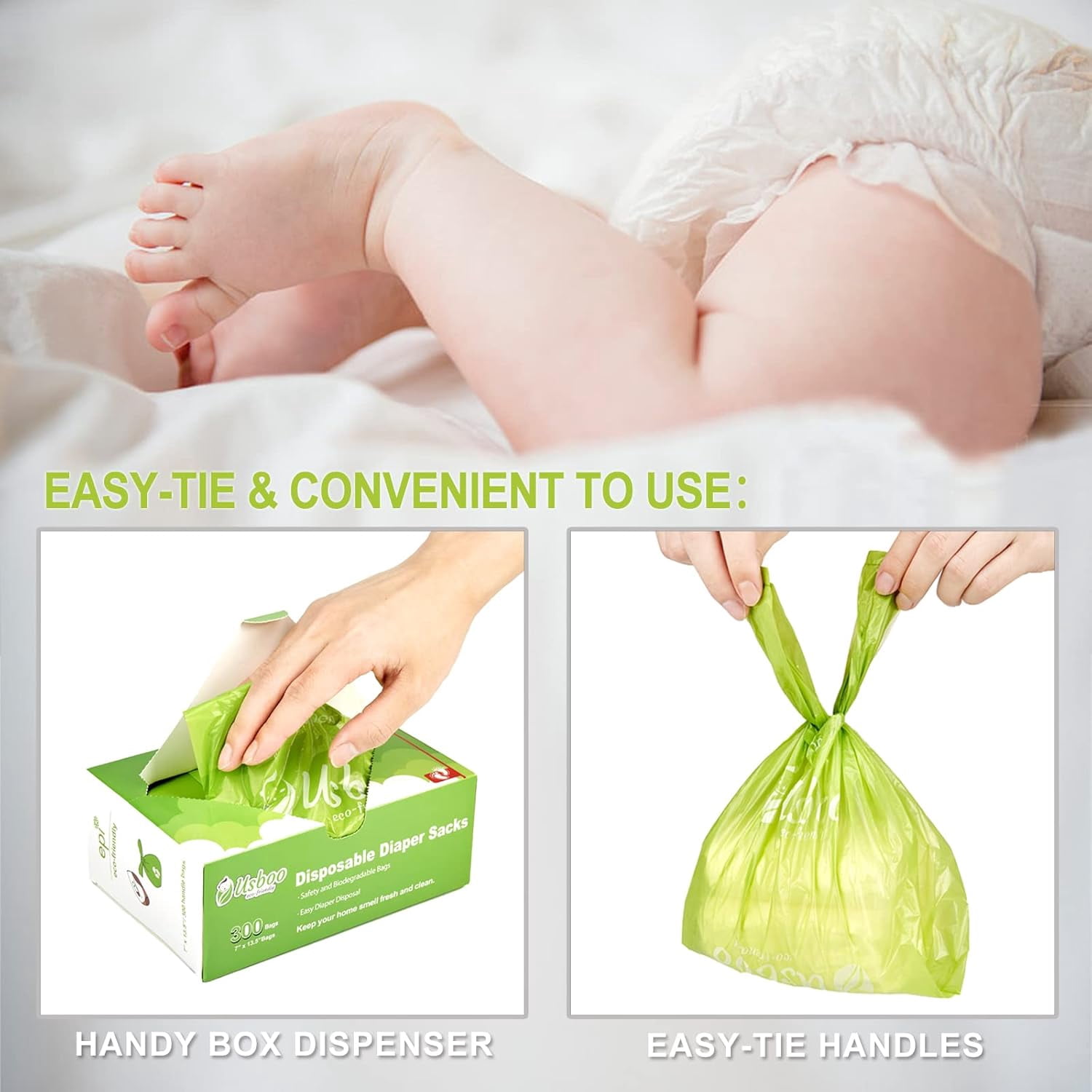 Baby Disposable Diaper Bags,2 Pack (600 Count) -Biodegradable Diaper Sacks,Easy-Tie Handles,Diaper Disposal or Pet Waste Bags