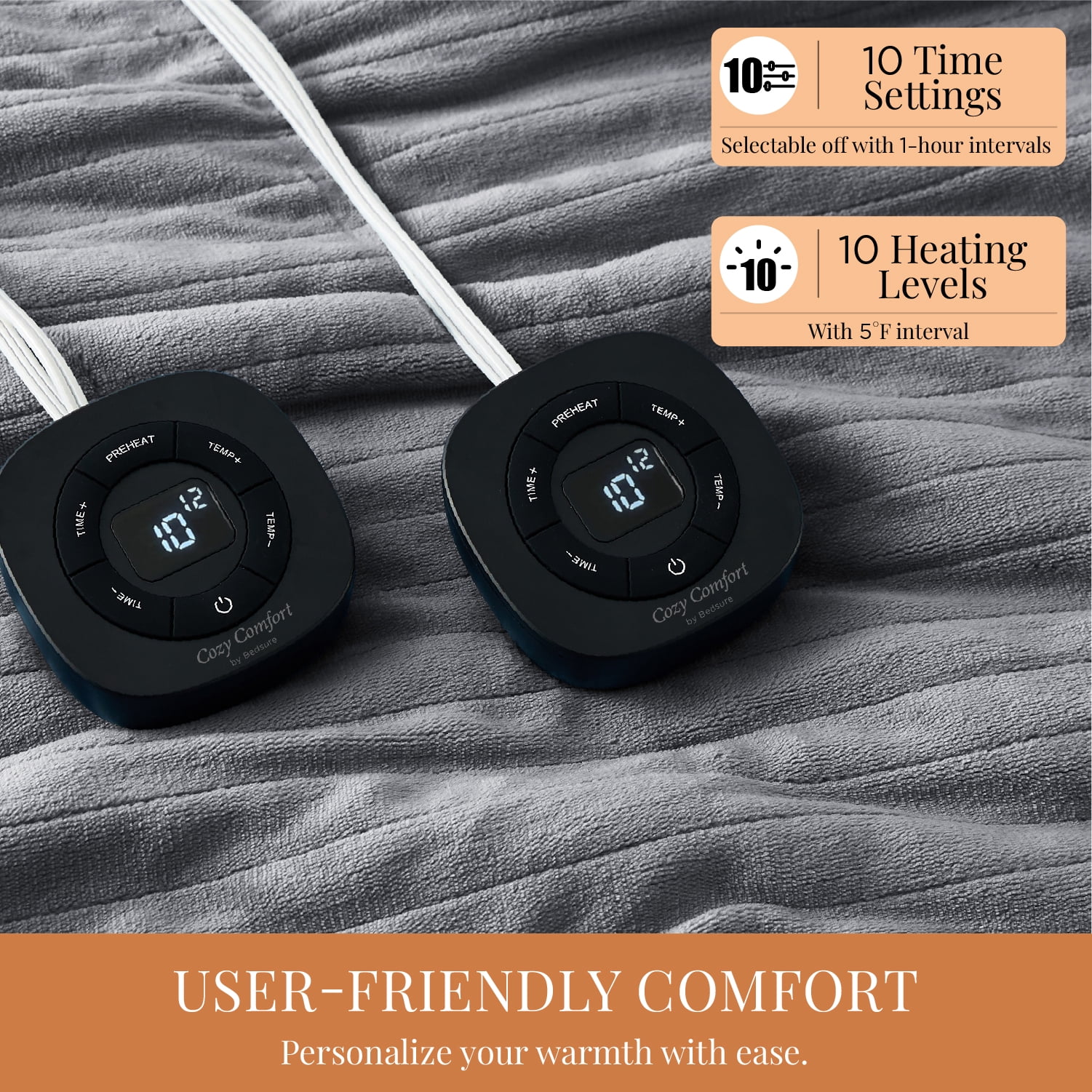 Flannel Electric Blanket Queen, Flannel Heated Blanket with 10 Heat Settings, with 10 Time Settings, 8 hrs Timer Auto Shut Off, and Dual Control, 84x90 inches, Grey
