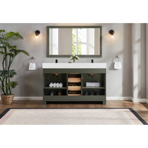 Legion Furniture WS2516-60-PG 60 in. Pewter Green Finish Solid Wood Sink Vanity, 1 ft. Artificial Stone Top