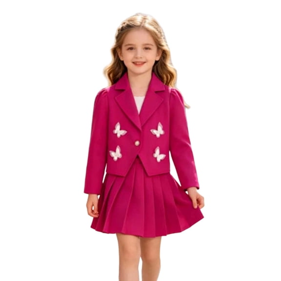Kiijoy Toddler Girls Outfits Elegant Butterfly Long Sleeve Button Jacket Pleated Skirt Set