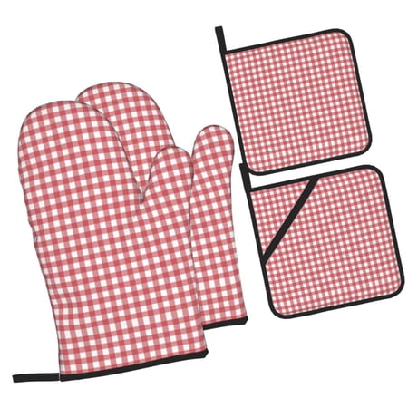 Red Check Plaid Oven Mitts and Pot Holders Sets Baking Sets for Kitchen BBQ Gloves Heat Resistant Cooking Gingham Pattern Squares 4 Pieces