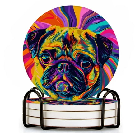 

BaHomeck Drink Coasters Set of 4 with Holder vibrant pug portrait in the style of psychedelic art Water Absorbent Ceramic Coasters Tabletop Protection Suitable for Various Cup Home Decor