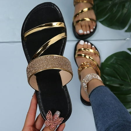 

XIAQUJ Ladies Shoes Fashion Solid Color Rhinestone Flat Roman Shoes Sandals Sandals for Women Gold 9(41)