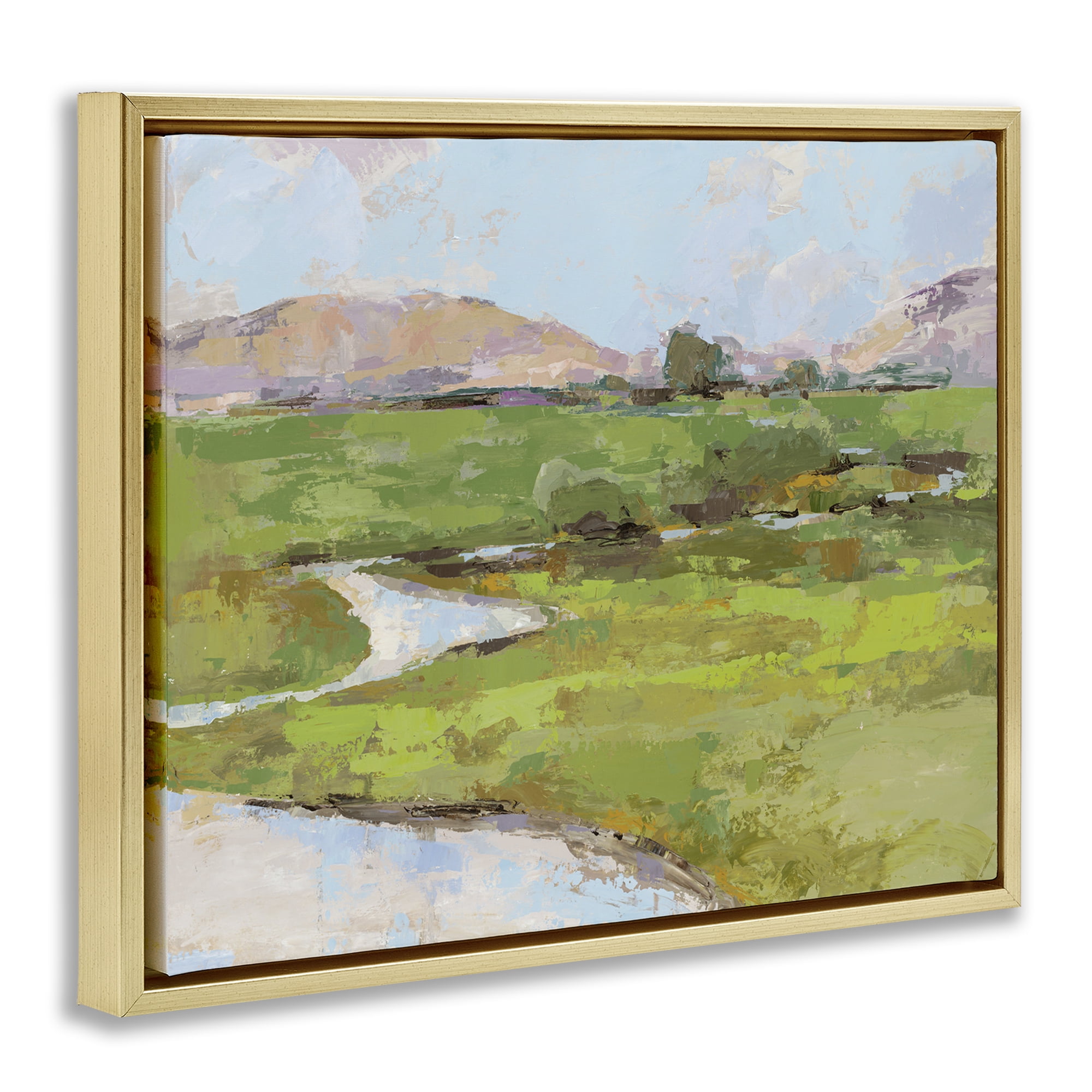 Stupell Industries Hillside Winding Stream Landscape Painting Gold Floater Framed Art Print Wall Art, 31 x 25