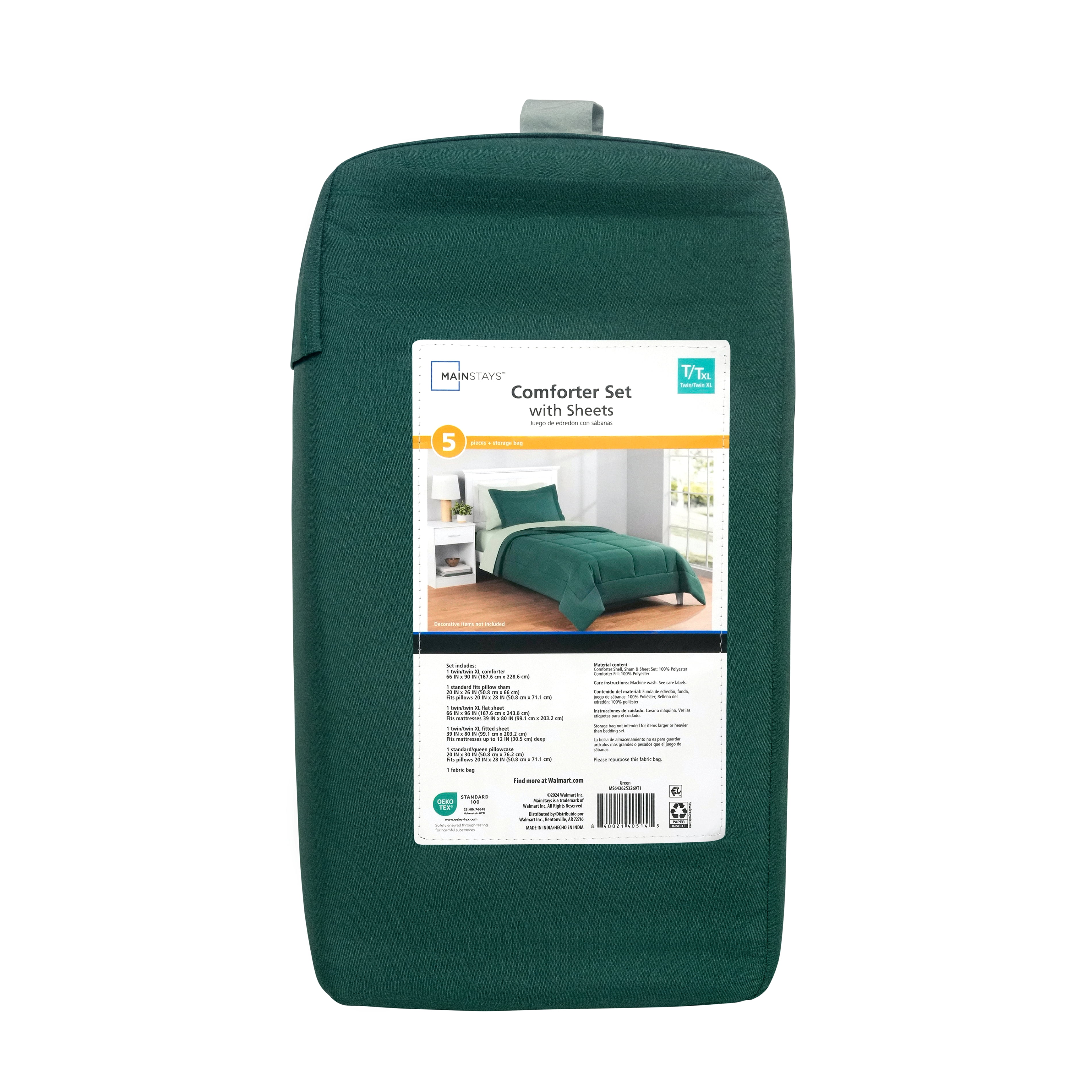 Mainstays All in One Reversible Comforter and Sheet set- 5 Piece, Twin, Green
