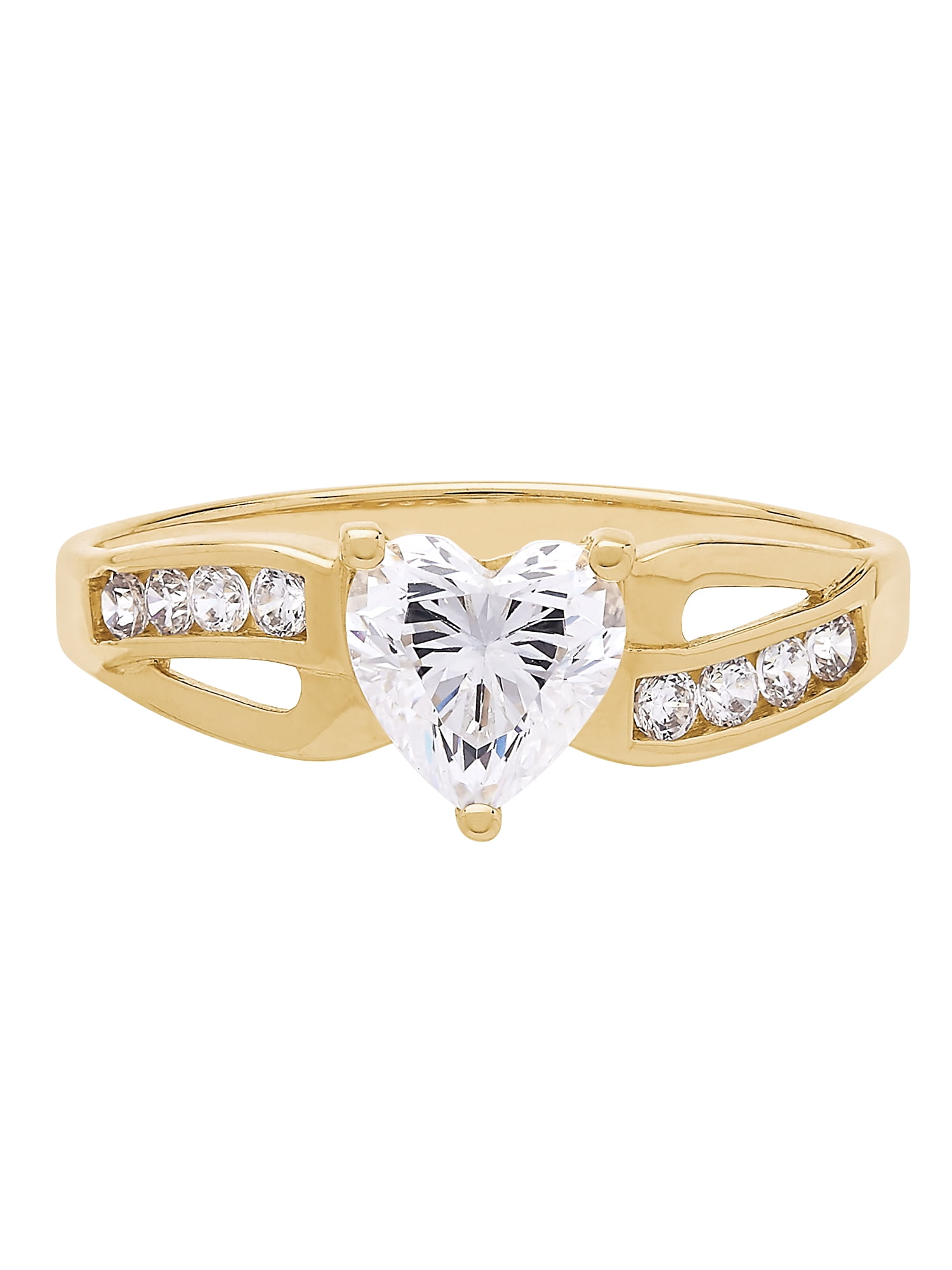 Ladies 10K Yellow Gold Solid Solitaire Ring with Accents CZ Clear Stone 
