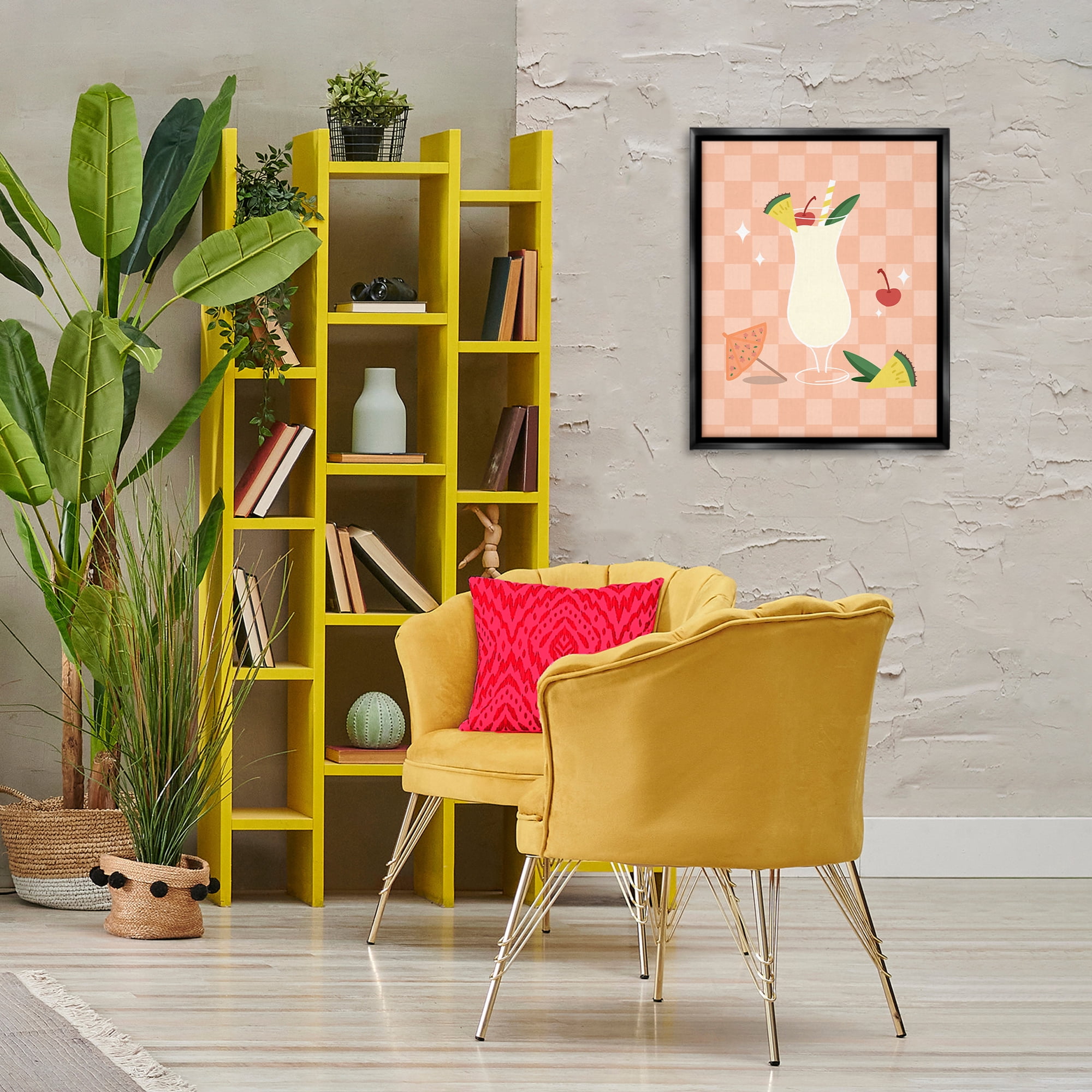 Stupell Industries Pina Colada on Checkered Food & Beverage Painting Black Floater Framed Canvas Art Print Wall Art, 17 x 21