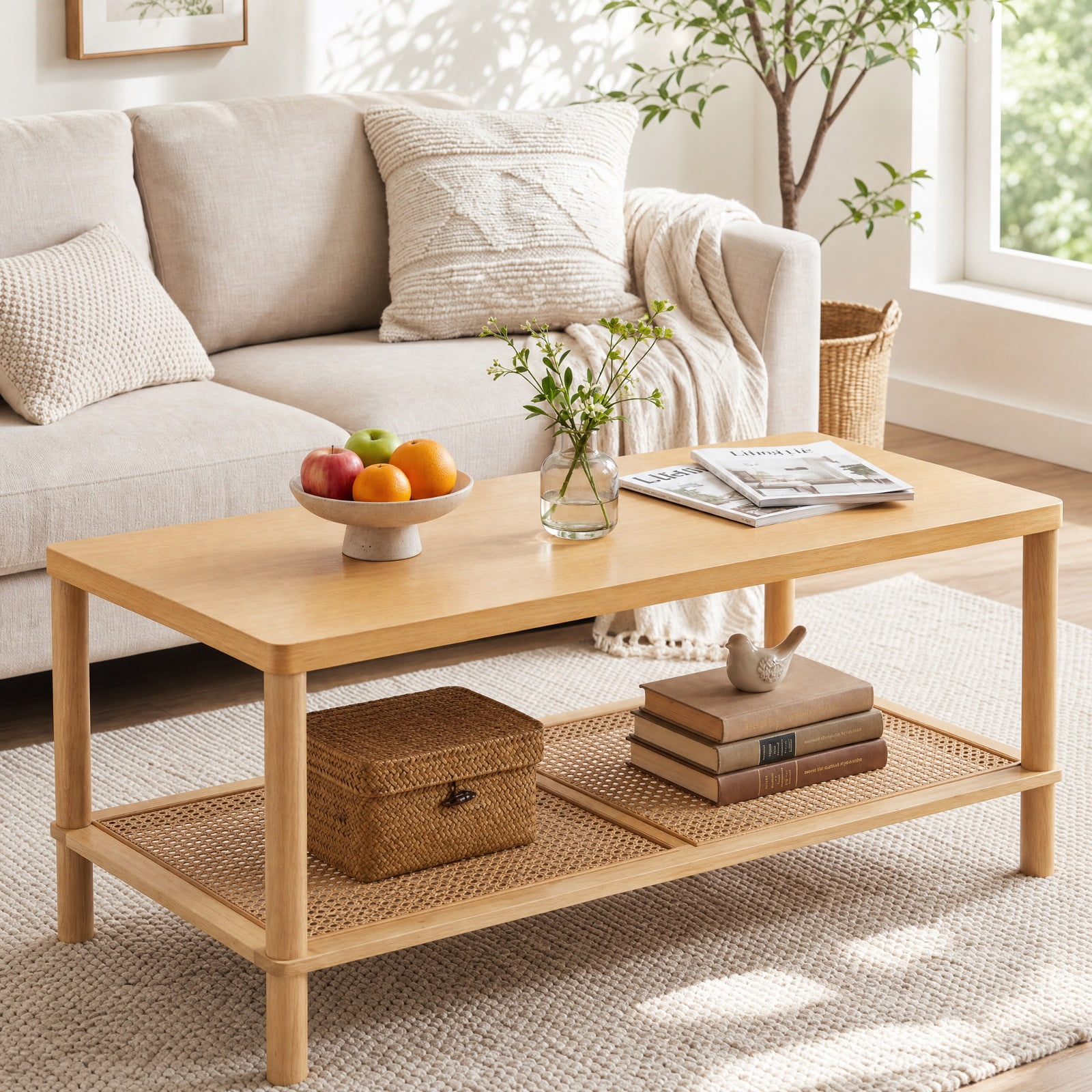 Furnibear 2 Tier Boho Rectangular Coffee Table with Rubber Wood Frame and Faux Rattan Open Storage Shelf for Living Room Home Office, Natural