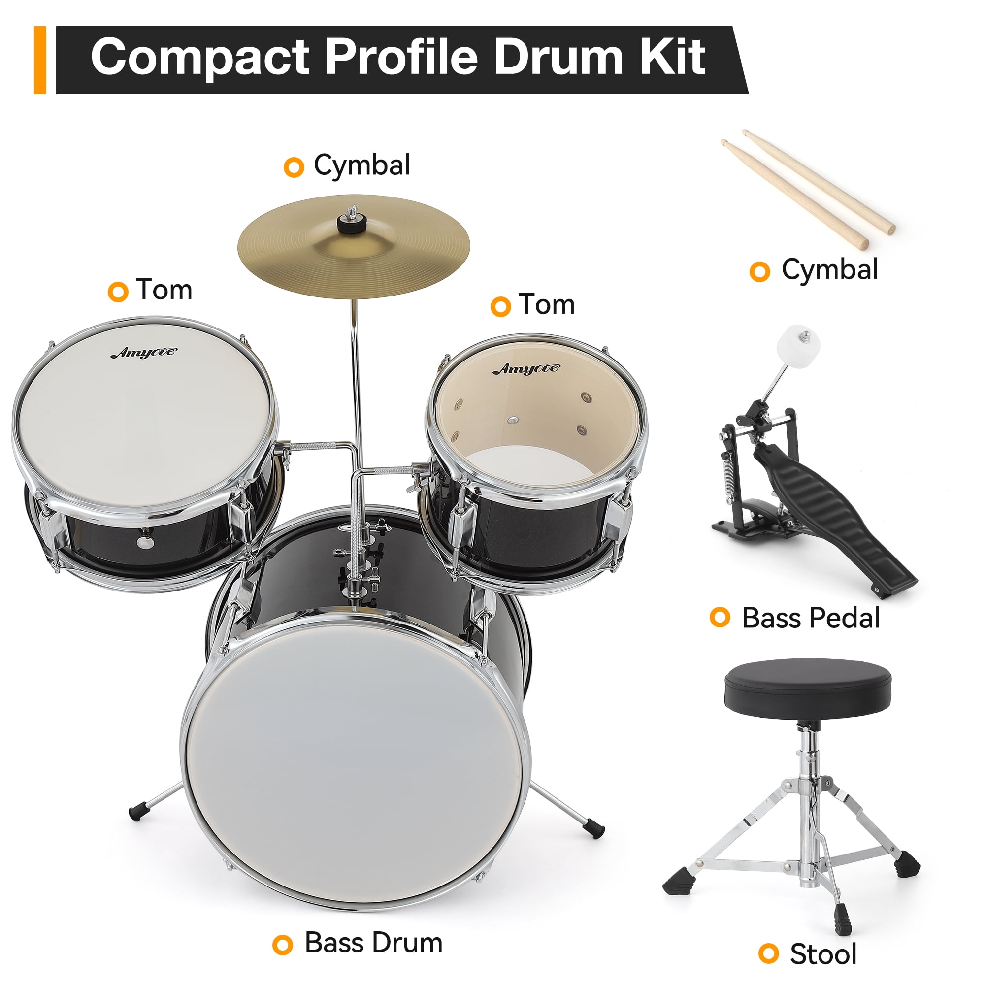 Drum Set, 3 Drum Acoustic Drum Set, Wood and Metal Structure, Black Finish, Junior Drum Set with Bass Tom Snare Drum