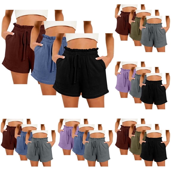 Yourumao Womens 3 Packs Linen Shorts Drawstring Ruffle Waist Wide Leg Shorts Lightweight Loose Lounge Home Shorts with Pocket