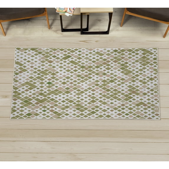 Ethnic Decorative Rug, Retro Mosaic Creative Pattern Square Rhythm Abstract Art Print Design, Quality Carpet for Bedroom Dorm and Living Room, 6 Sizes, Olive Green, by Ambesonne