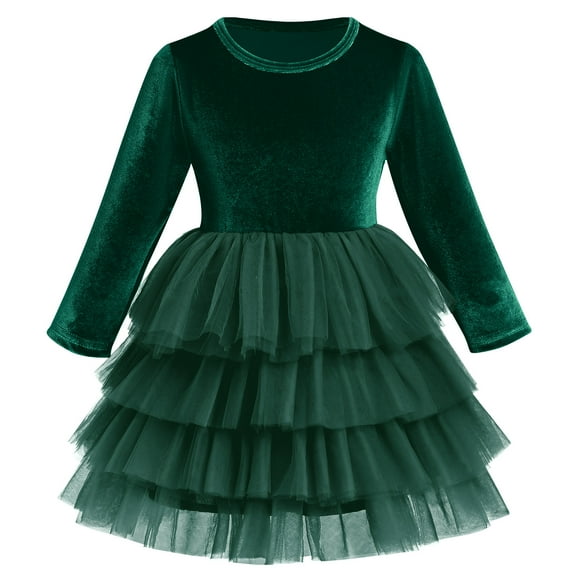IDOPIP Toddler Baby Girls Christmas Velvet Dress Long Sleeve Ruffle Tulle Princess Dress