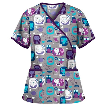 

Qcmgmg Scrub Tops Cartoon Pattern Mock Wrap Casual Casual Tops for Ladies Short Sleeve Workwear Women s Scrubs V Neck Loose Fit Uniform Shirts for Women with Two Pockets Purple L