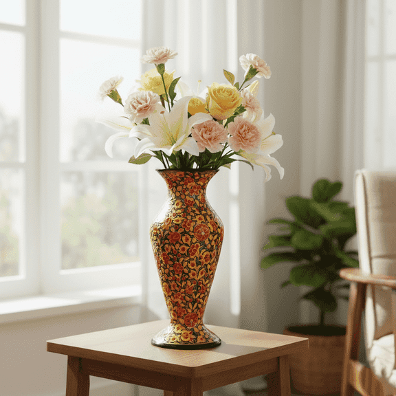 Natriel Kashmiri Papier Mache Flower Vase, Orange with Floral Design, 9 Inch Height, 3.9 Inch Width, Decorative Home Decor