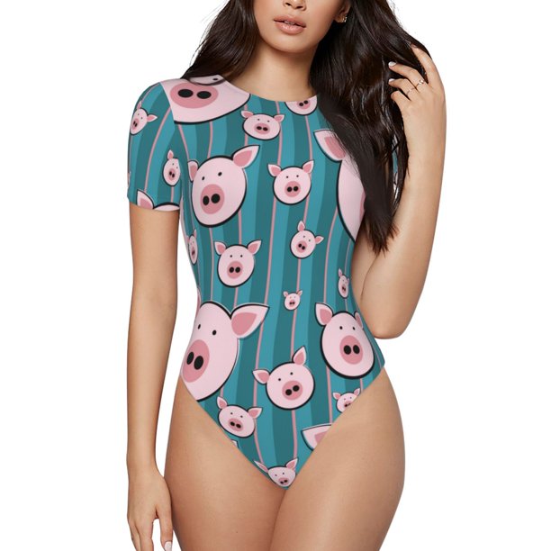Fotbe Funny Pig Faces Body de Mujer con Cuello Redondo y Mangas Cortas, Sin Mangas Ajustado, Suave, Cómodo y Básico-Small