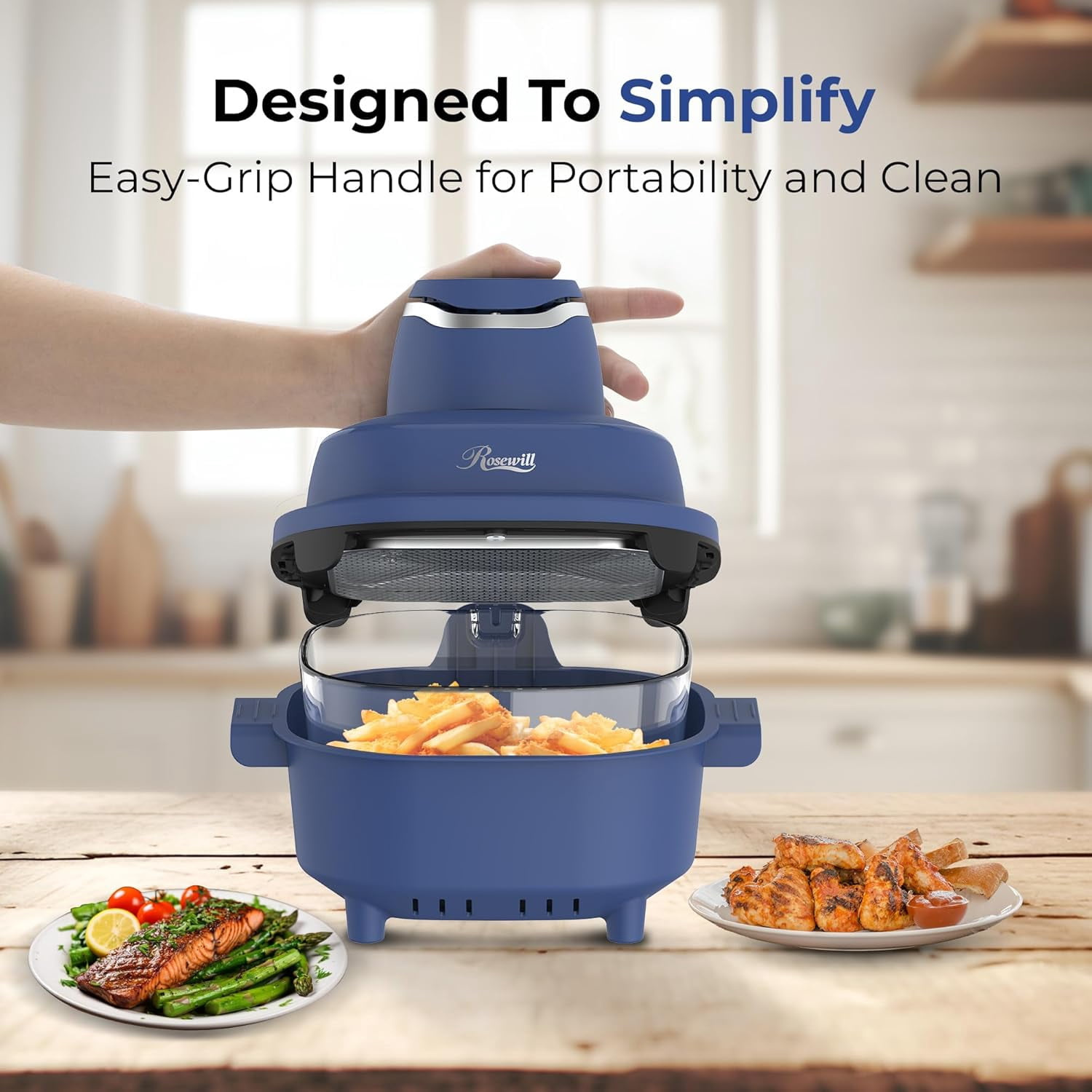 4-in-1 Portable Glass Air Fryer, 4.7QT Transparent Cooking Pot with Storage Lid & Tongs, Compact Smart for Deep Roast Recrisp Keep Warm – Navy Blue