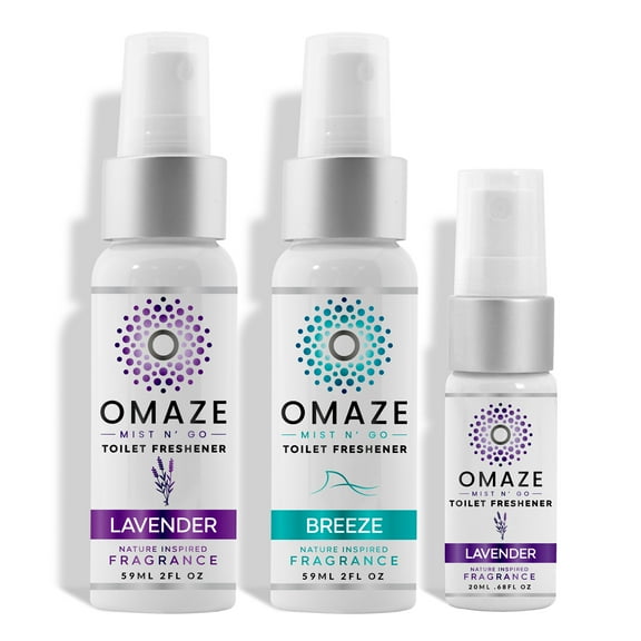 MIST N' GO By OMAZE Refresh Toilet Spray | Bathroom Spray Odor Eliminator | Toilet Smell Eliminator Deodorizer - Lavender   Breeze 2 Oz x2   Lavender 0.68 Oz x1