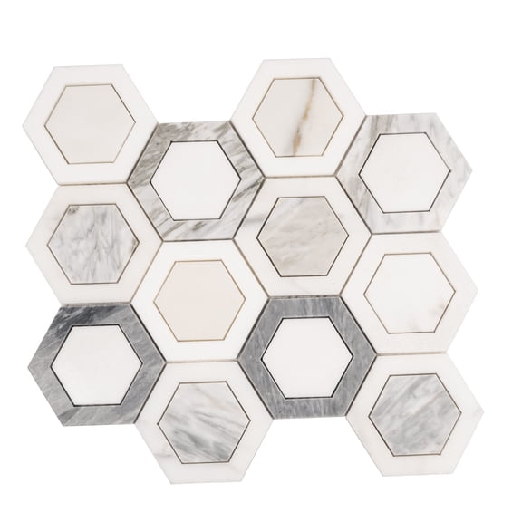 Toscana 10x11 in. Polished Calacatta Bluette, Calacatta Thassos White Hexagon Mosaic Wall and Floor Tile (3.74 sq ft/case, 5-Pack)