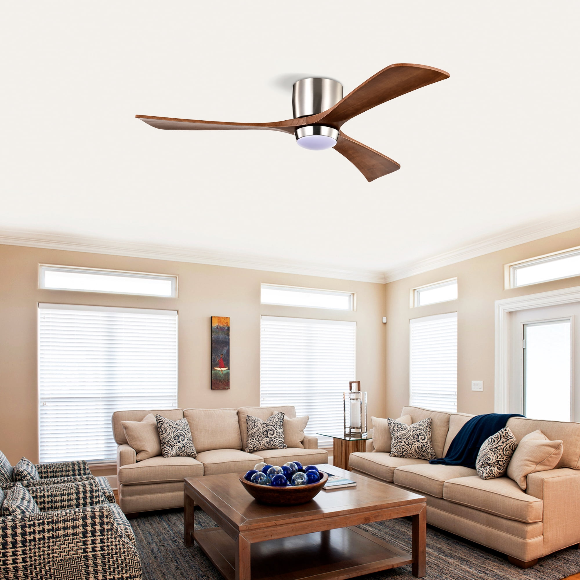 Leumius 52" Flush Mount Solid Wood Blades Ceiling Fan with Light and Remote Control,Quiet DC Motor 6 Speed Levels,Reversible for Patio Living Room Bedroom Office Nickel