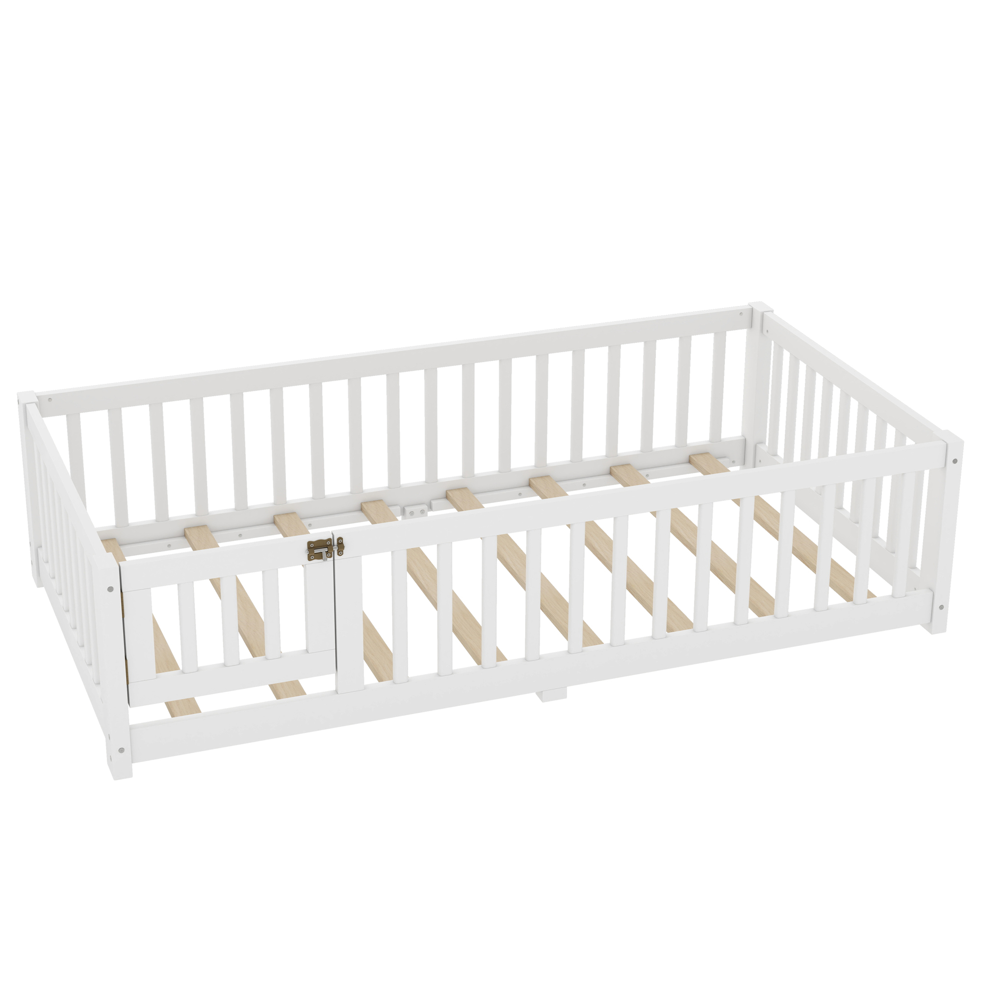 Jopath Twin Size Floor Bed Frame,Montessori Bed with Guardrails and Door,with Slatted Base,for Kids,Boys,Girls,White
