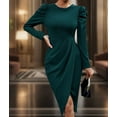 thumbnail image 5 of Dress for Women Round Neck Solid Color Side Split Bodycon Cocktail Long Sleeve Party Midi Dress Dark Green L, 5 of 7