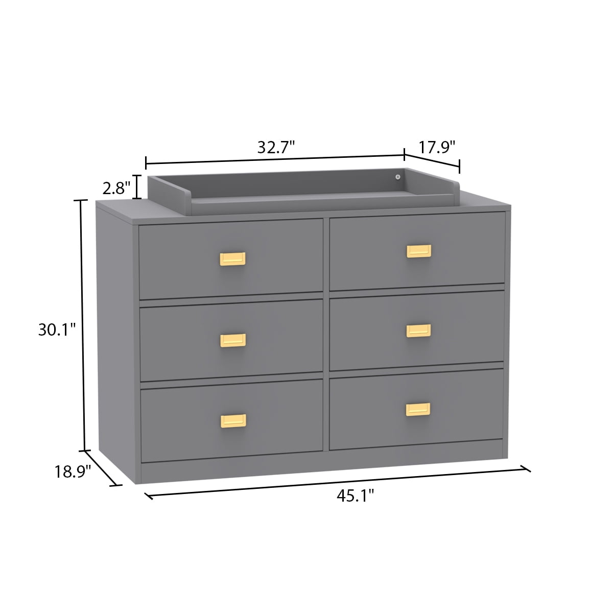 MONSLIPA 6 Drawer Double Dresser, Wooden Nursery Dresser Chest with Changing Table Top, Gray