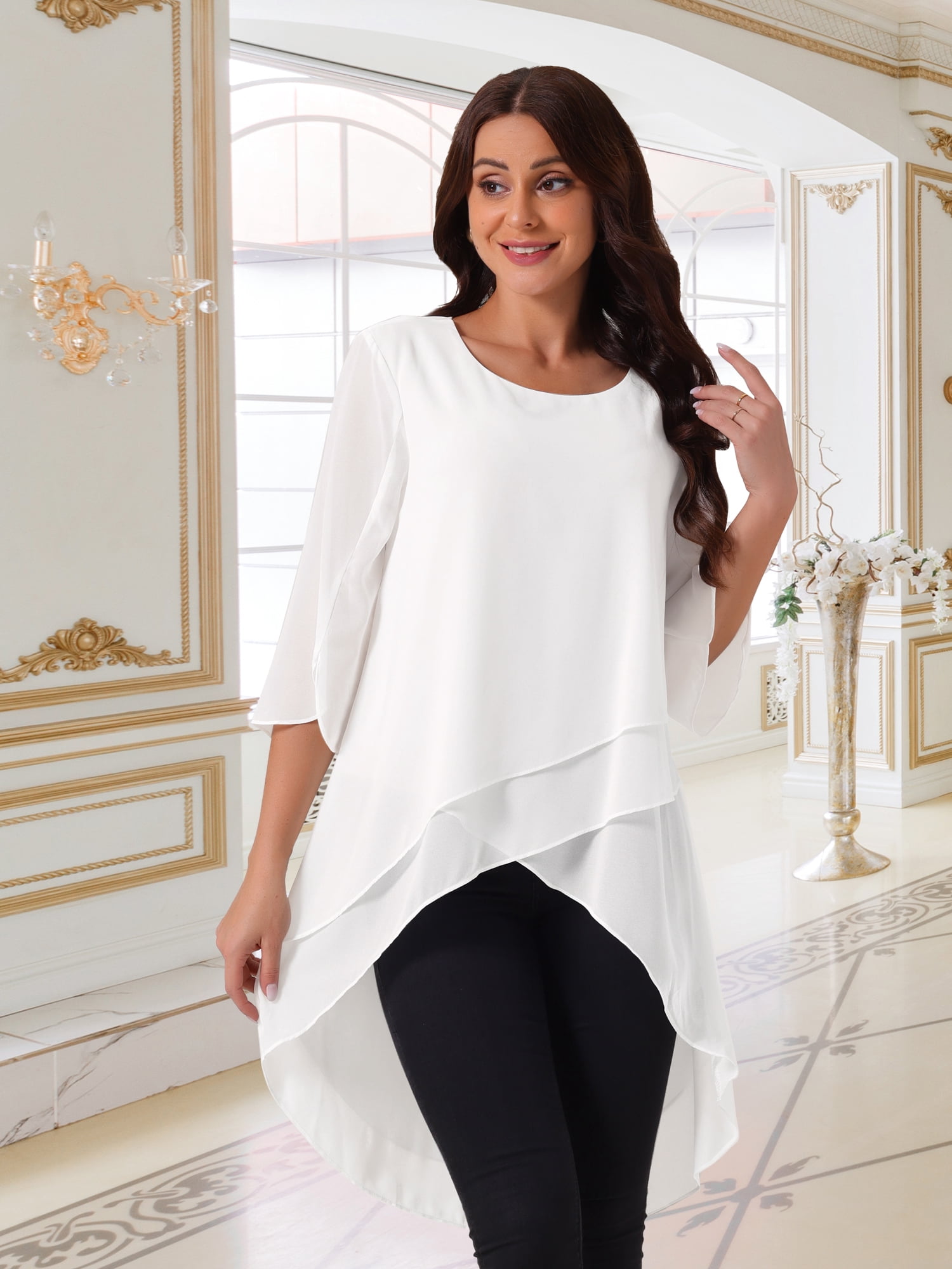 DARING DIVA Women's 3/4 Sleeve High Low Hem Scoop Neck Chiffon Blouses S White