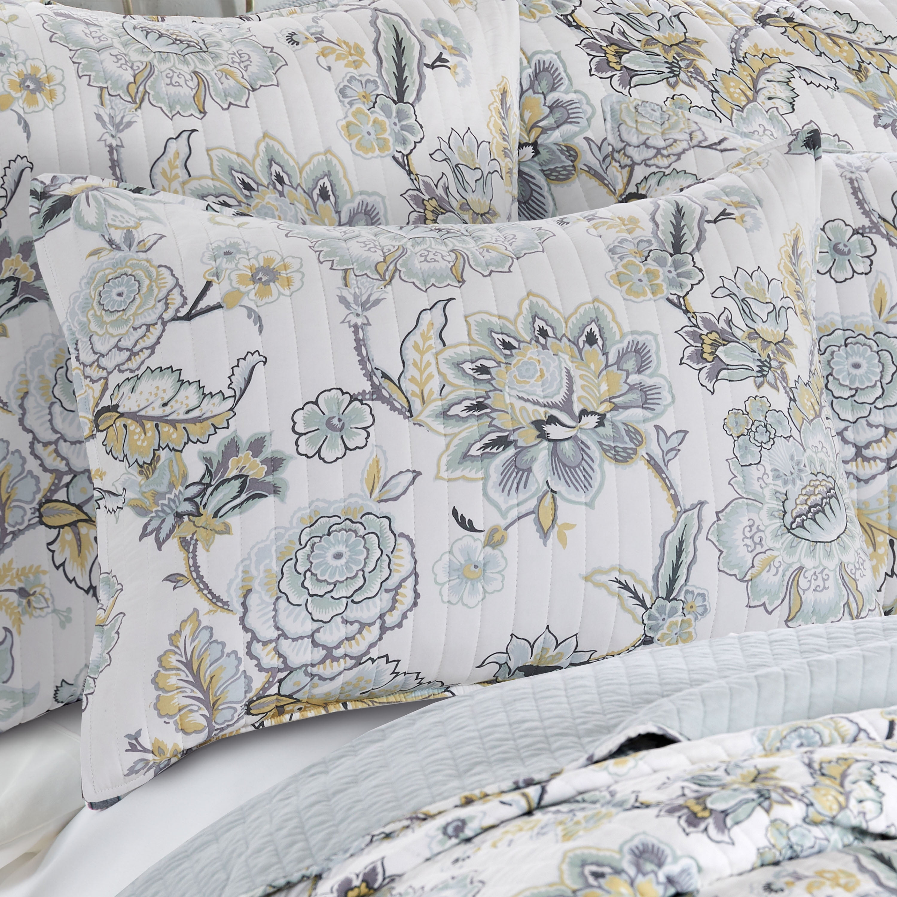 Levtex Home - Ophelia Spa Quilt Set - Twin Quilt and One Standard Sham - Floral - Spa Grey Cream Ochre - Quilt (68x86in.) and Sham (20x26in.) - Reversible - Rayon/Cotton