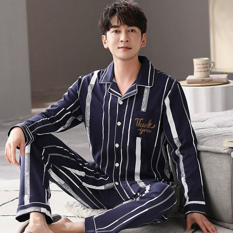 PIKADINGNIS Autumn Winter Mens Cotton Pajamas Button Lapel