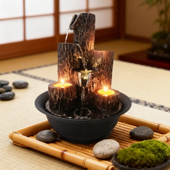 MEHOOM Resin 3-Tier Tabletop Waterfall Fountain with Candle Holder, Desktop Water Fountain Indoor Home