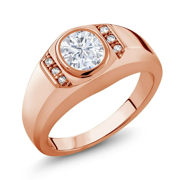 Gem Stone King 18K Rose Gold Plated Silver Men's Ring 8x6mm Oval 1.56cttw Moissanite and Created Sapphire (Size 11)