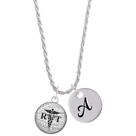 Delight Jewelry Silvertone Domed Black RVT Silvertone Script Initial Disc - A - Charm Necklace, 20"+3"