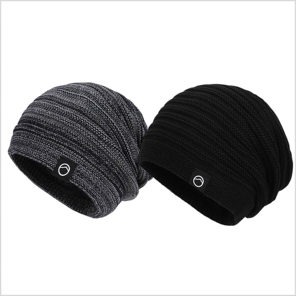 zrova 2 Pack Women's Oversized Fleece Lined Slouchy Beanie, Striped Knit Winter Hat with Ear Protection, Windproof Warm Hat for Large Head 21.65"-23.62"