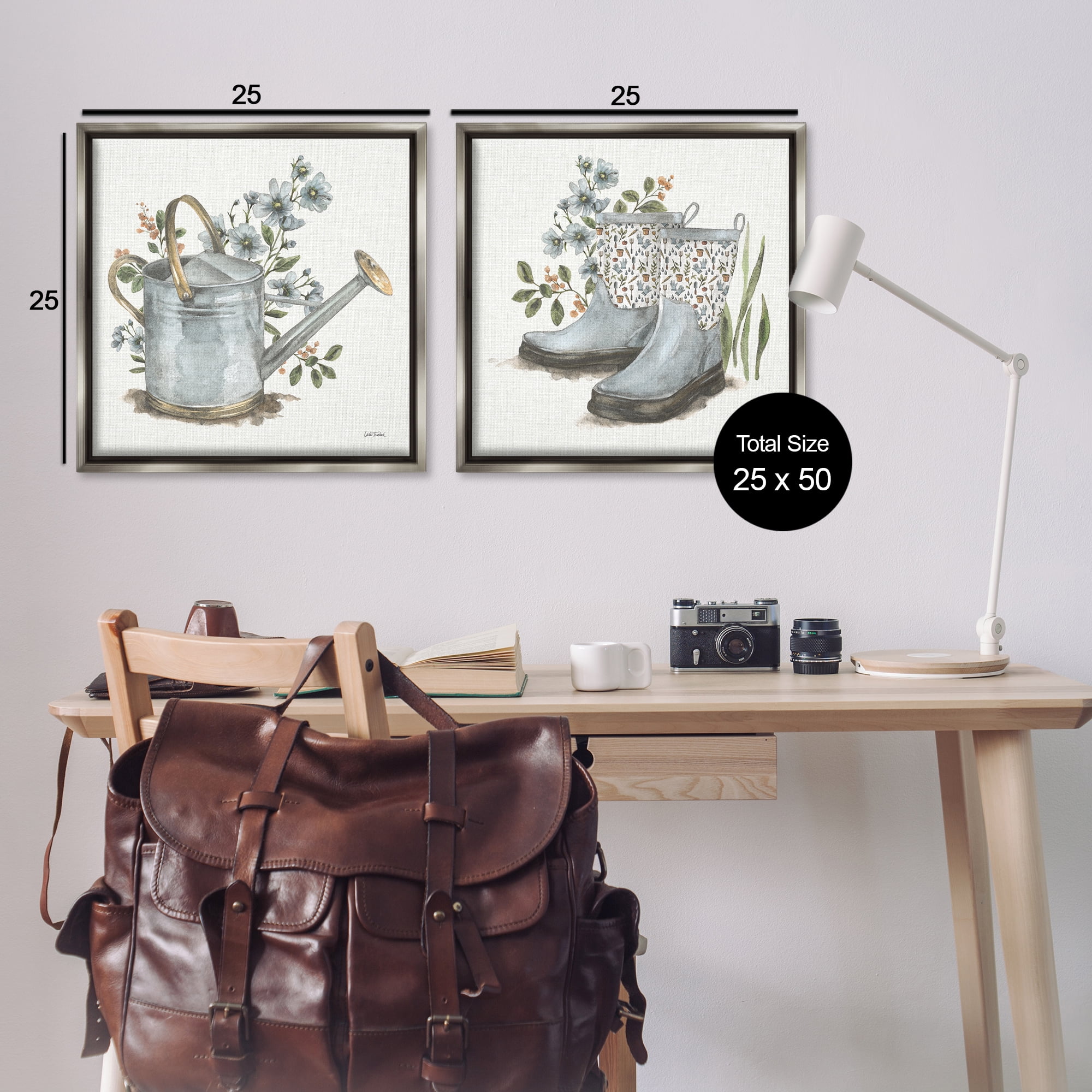 Stupell Industries Floral Watering Can Gardening Boots Plants & Flowers Painting Gray Floater Framed Canvas Art Print Wall Art, 25 x 25, Set of 2