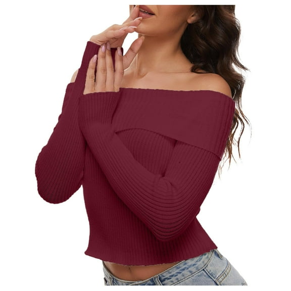 Women's Sweater Ribbed Knitted Shirts Solid Long Sleeve Off Shoulder Slim Fit Cropped Fall Sweaters
