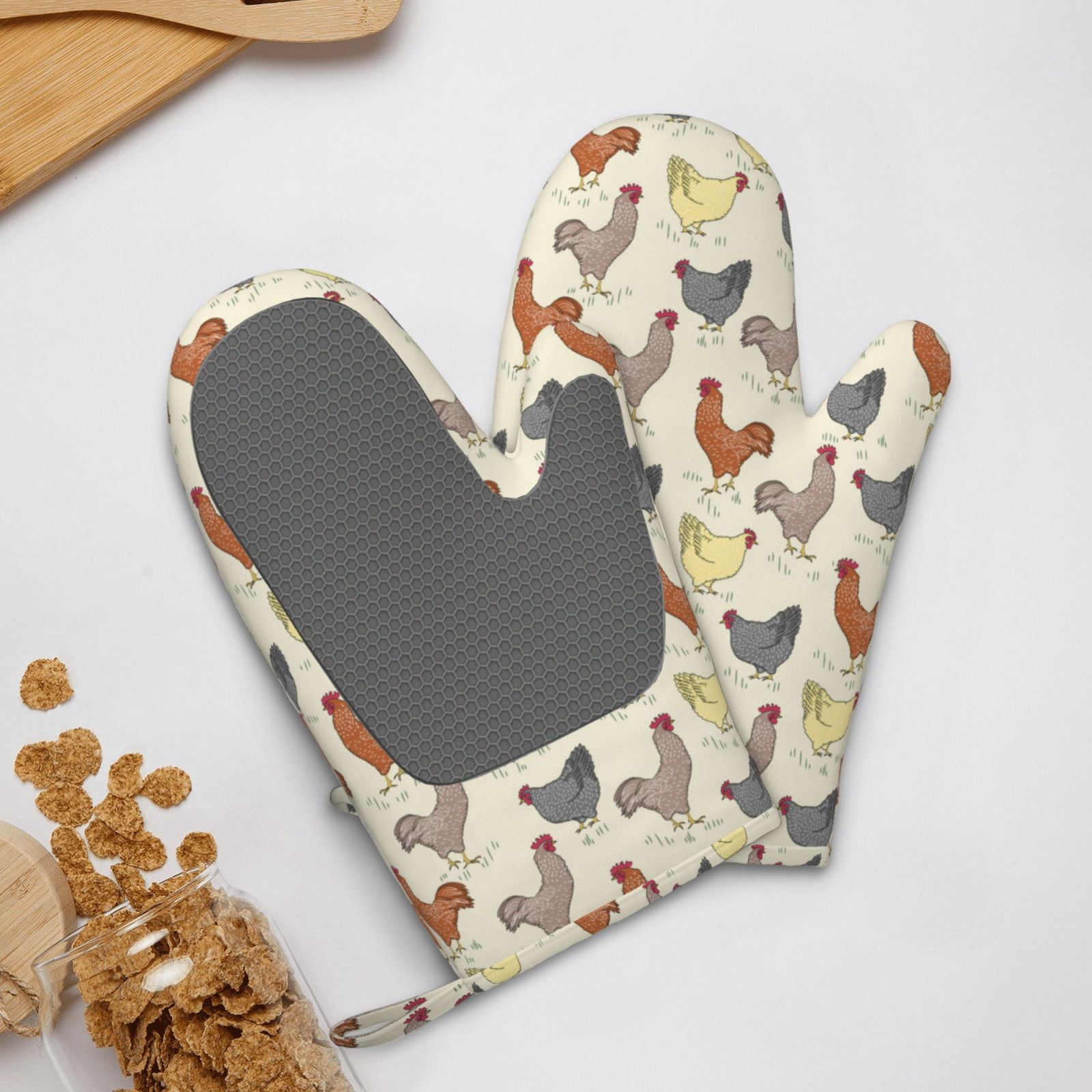 Hirioo Funny Chicken for Silicone Oven Mitts for BBQ, Baking, Cooking, Set of 2, Heat Resistant 260℃, Non-Slip Kitchen Essentials