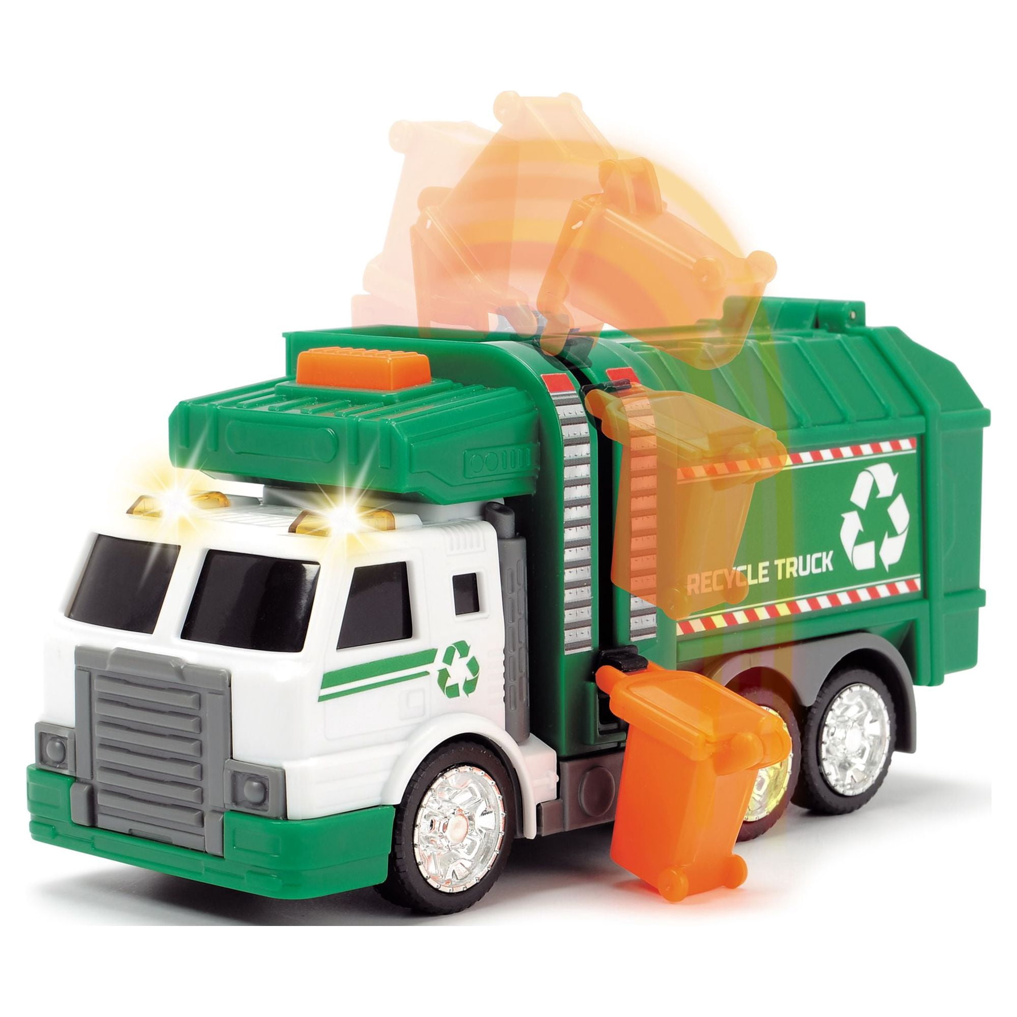 Dickie Toys Action Truck - Camion Poubelle avec Poubelle, avec Son et lumière d'avertissement, Fonction de Chargement et de décharge