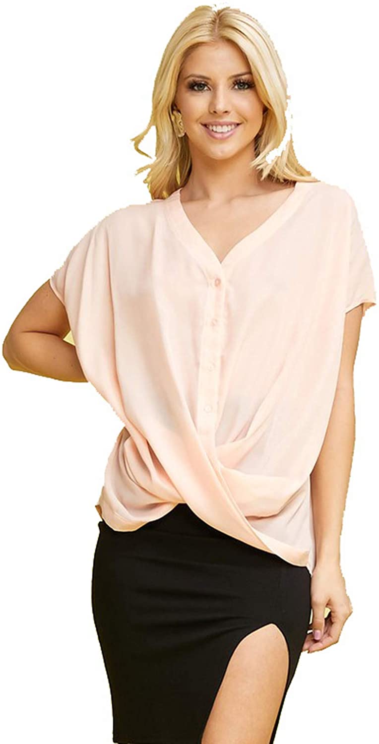 Shirt Draped Blouse Top V Neck (Blush 