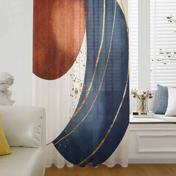 Navy Blue Burnt Orange Semi Sheer Curtains Drapes for Living Room, Bedroom, French Doors Window 84 Inches Long, Modern Boho Art Geometric Rod Pocket Chiffon Curtain Drapery Voile Draperies Panel