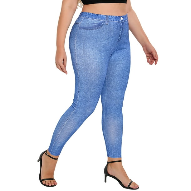 Innerwin Look Print Jeggings High Waist Ladies Fake Jeans Sport Plus Size  Skinny Printed Denim Leggings Blue-C 5XL 
