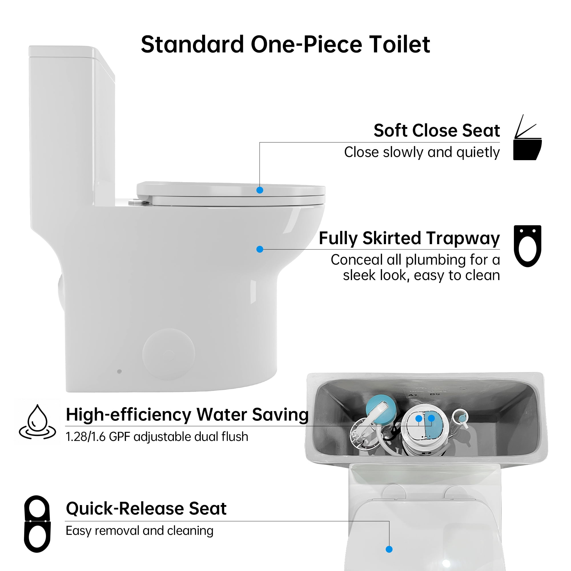 Trumanpick Elongated One-Piece Toilet, 17" ADA Comfort Height Seat, Dual Flush 1.1/1.6 GPF, 12" Rough-in, Bathroom High Efficiency Toilet