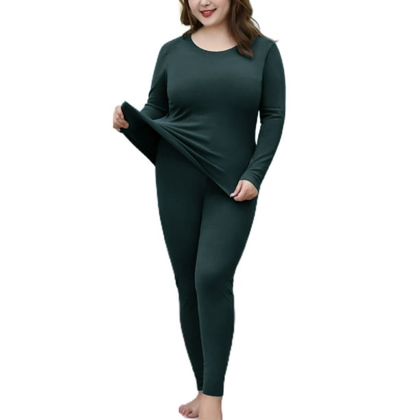 Fashnice Ladies Thermal Underwear Long Sleeve Johns Set Solid Color Top And  Bottom Suits Warm Base Layer Pajama Sets Dark Green 6XL 