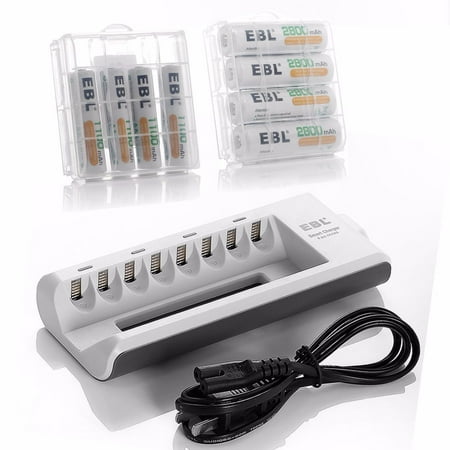 EBL 4-Pack 2800mAh AA Batteries + 1100mAh AAA Batteries + 8 Bay Battery Charger for AA AAA Ni-CD Ni-MH Rechargeable Batteries