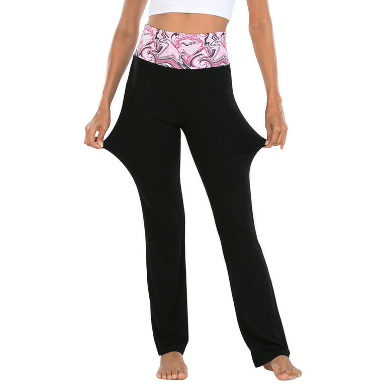 HDE Women's Color Block Fold Over Waist Yoga Pants Flare Leg Workout  Leggings Pink Marble / Black 1X 