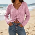 thumbnail image 2 of Ke1Clo Summer Tops for Women Boho Knitted Hollow Out V Neck Long Sleeve Tie Front Shirt Casual Loose Crop Beach Cover Up Pink Free Size, 2 of 7