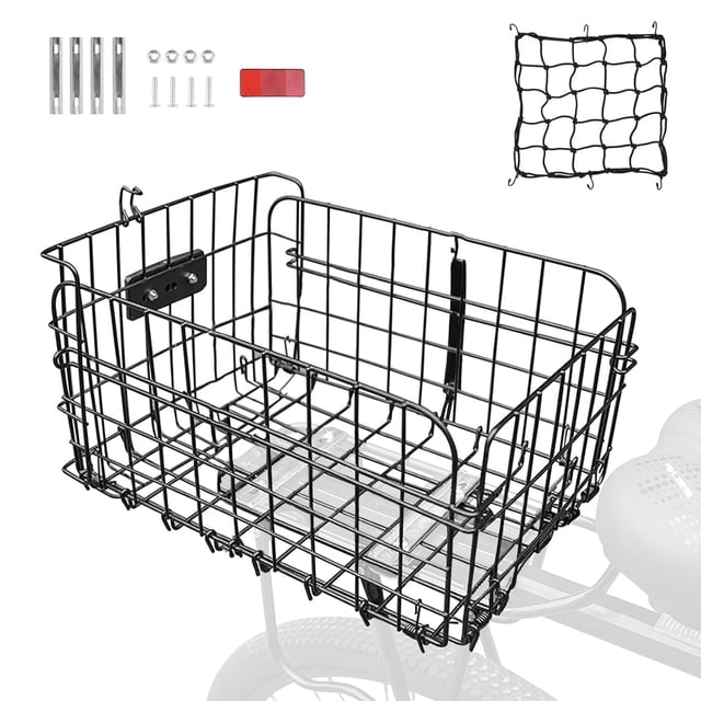 Semfri Folding Bicycle Basket Bicycle Frame Basket Folding Bicycle Rear Basket Large Capacity Metal Cargo Basket with Reflectors, Net Cover and Installation Tools Suitable for Most Bicycles - Black